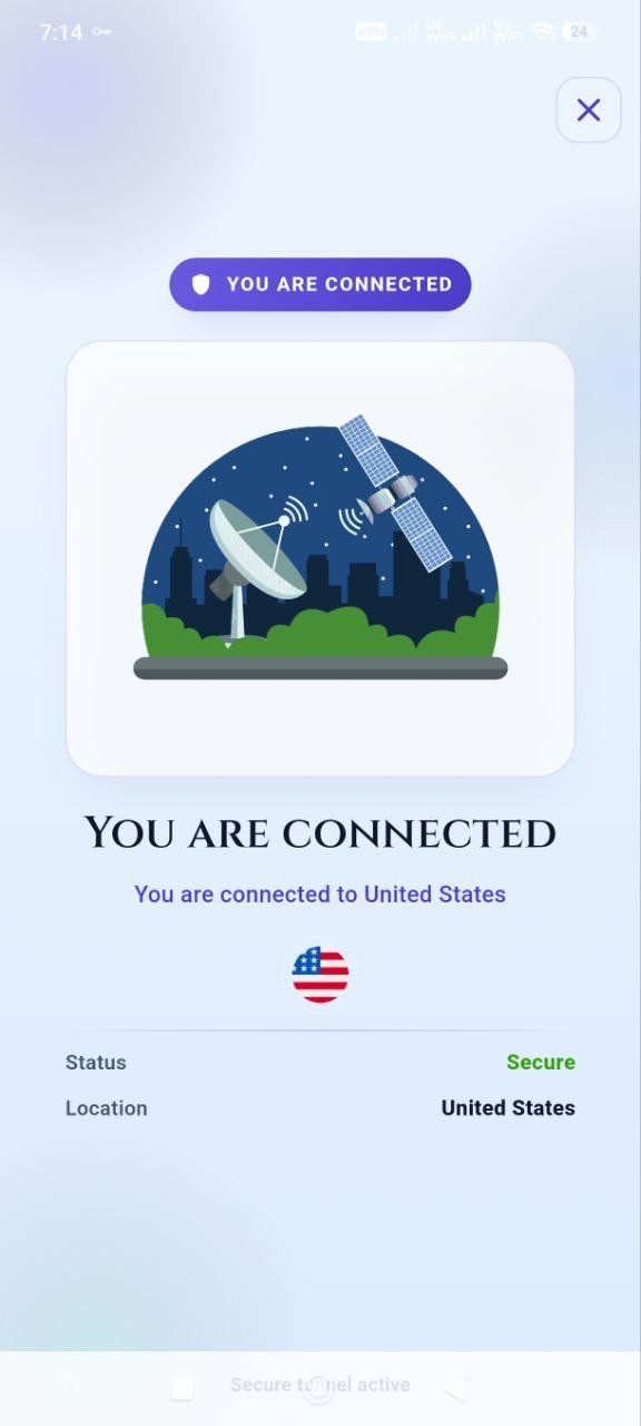 Graviton VPN verified connected-state screen showing an active United States connection