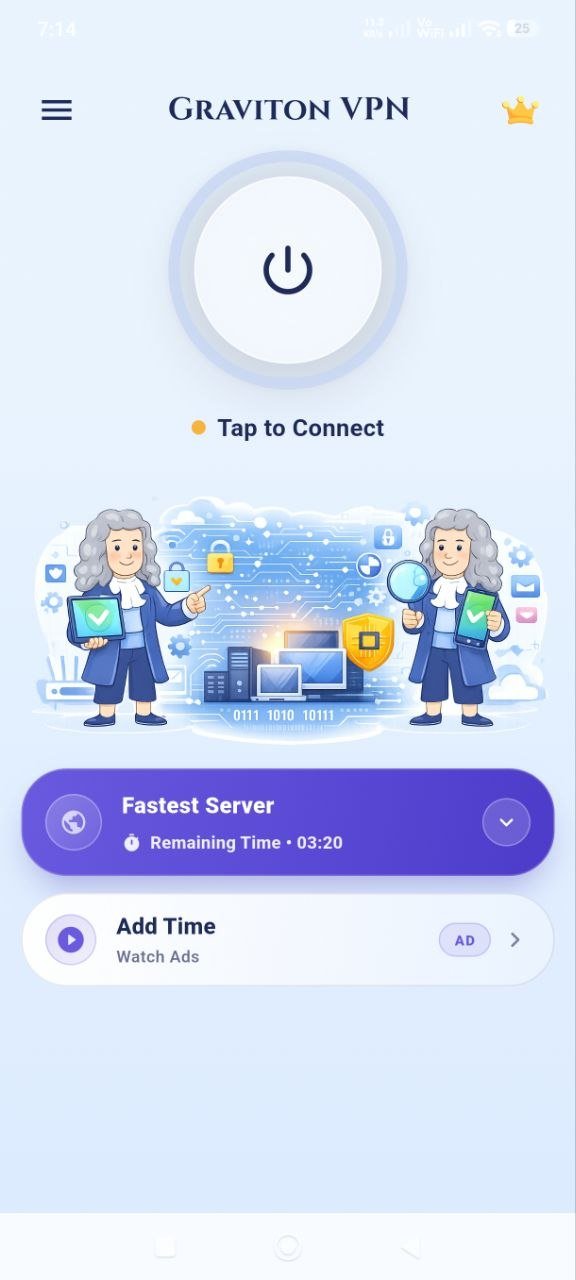 Graviton VPN Android home screen showing its central Connect control, Newton artwork and Fastest Server card