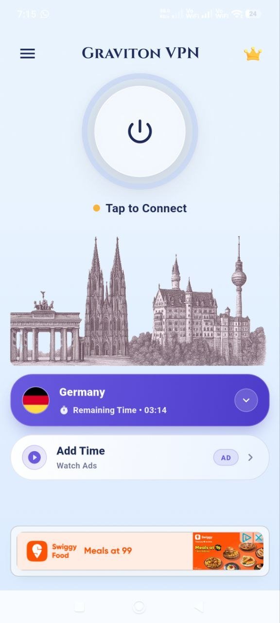 Graviton VPN Germany server screen with illustrated German landmarks