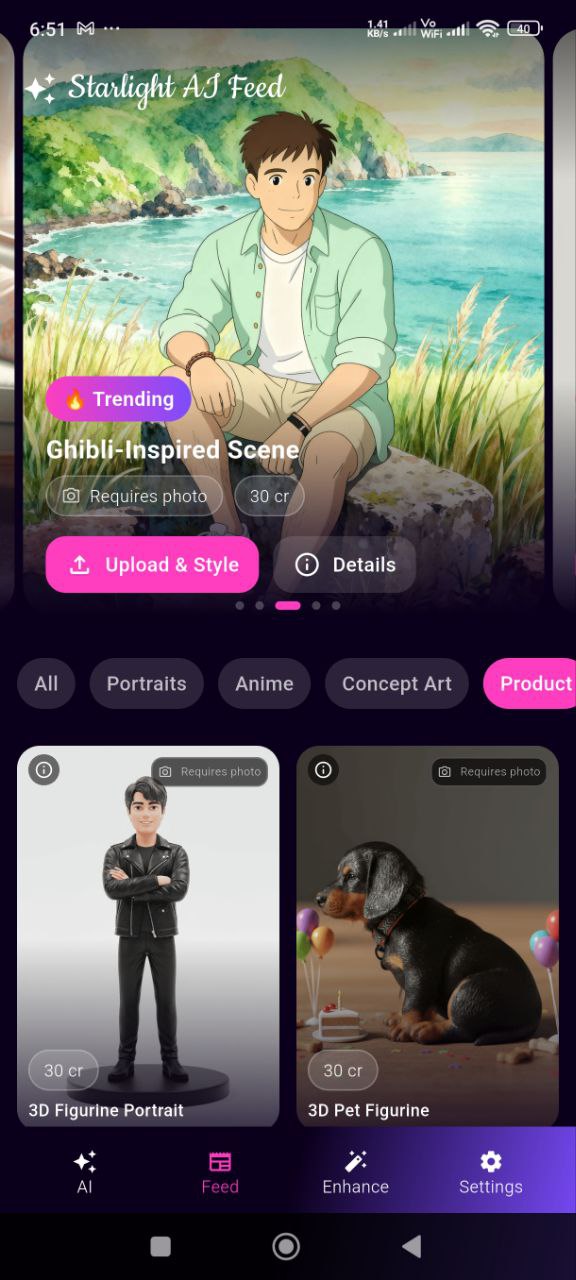 Starlight AI Studio prompt feed screen showing ready-made AI styles