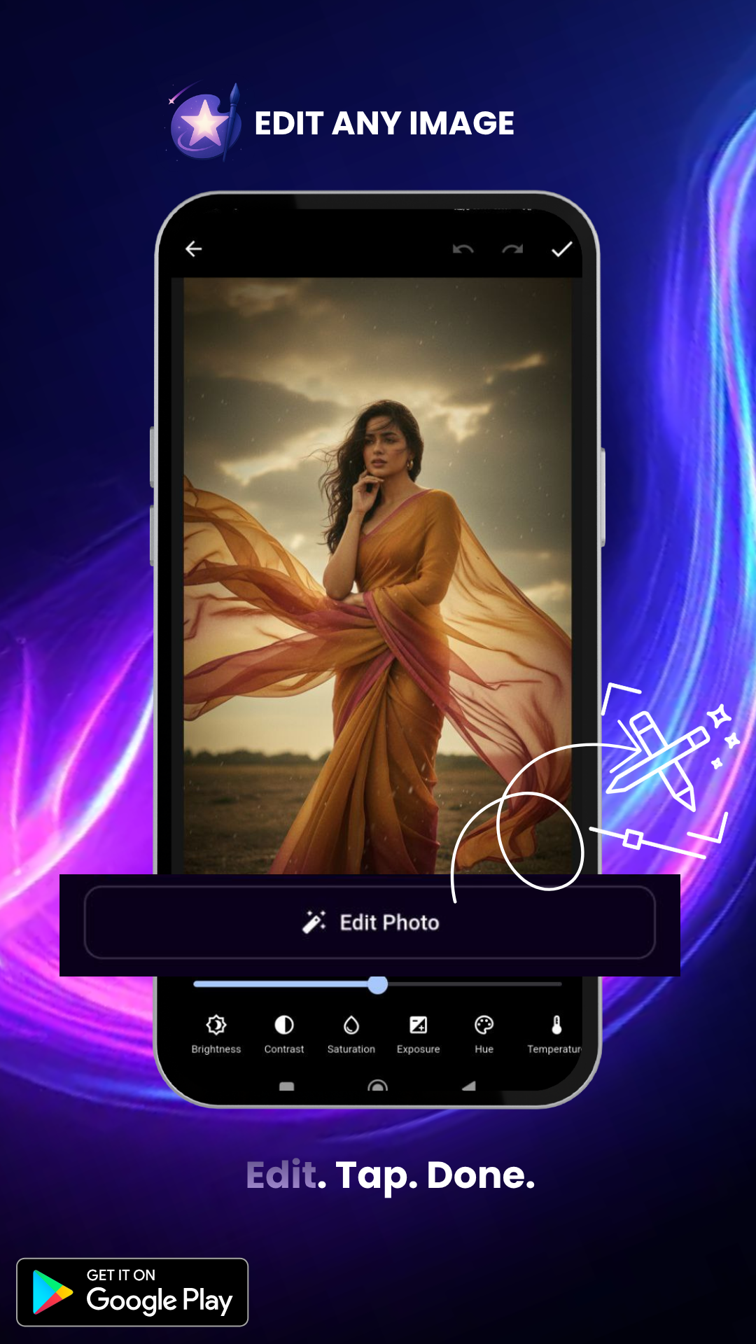 Starlight AI Studio photo editor screen with adjustment tools